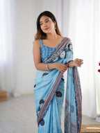 Jyoti Fashion Women's Sky Blue Chinon Digital Printed Designer Saree with Blouse | Grocsy
