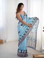 Jyoti Fashion Women's Sky Blue Chinon Digital Printed Designer Saree with Blouse | Grocsy