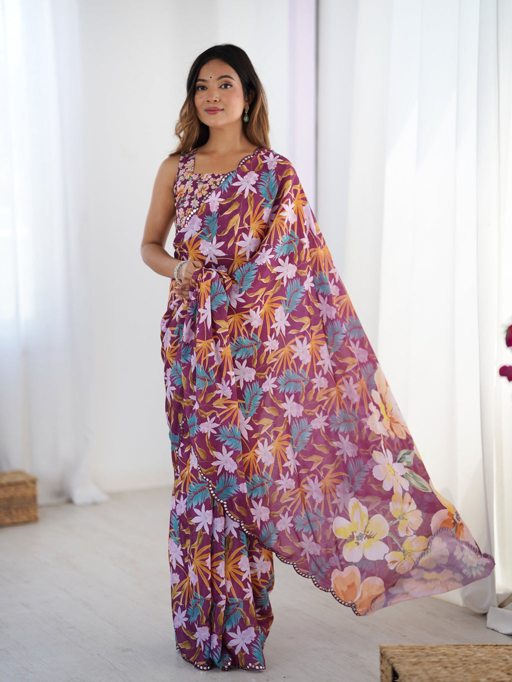 Jyoti Fashion Women's Multicolor Chinon Digital Printed Designer Saree with Blouse | Grocsy