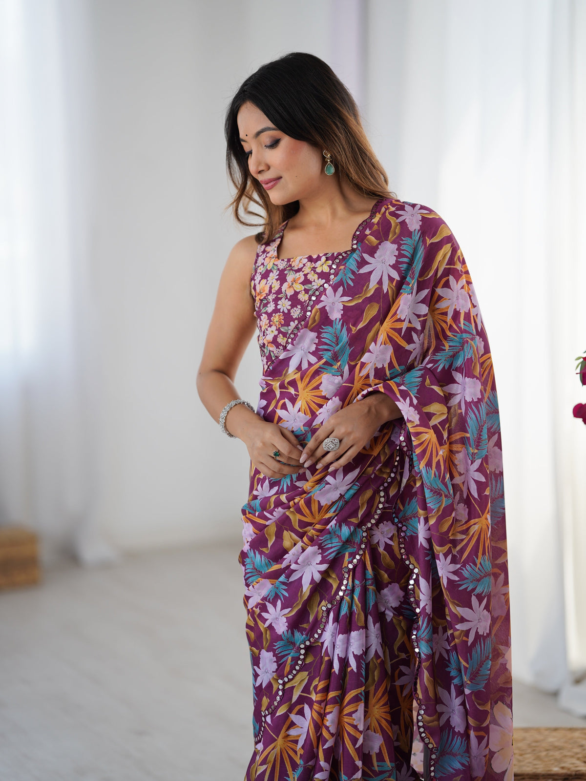 Jyoti Fashion Women's Multicolor Chinon Digital Printed Designer Saree with Blouse | Grocsy