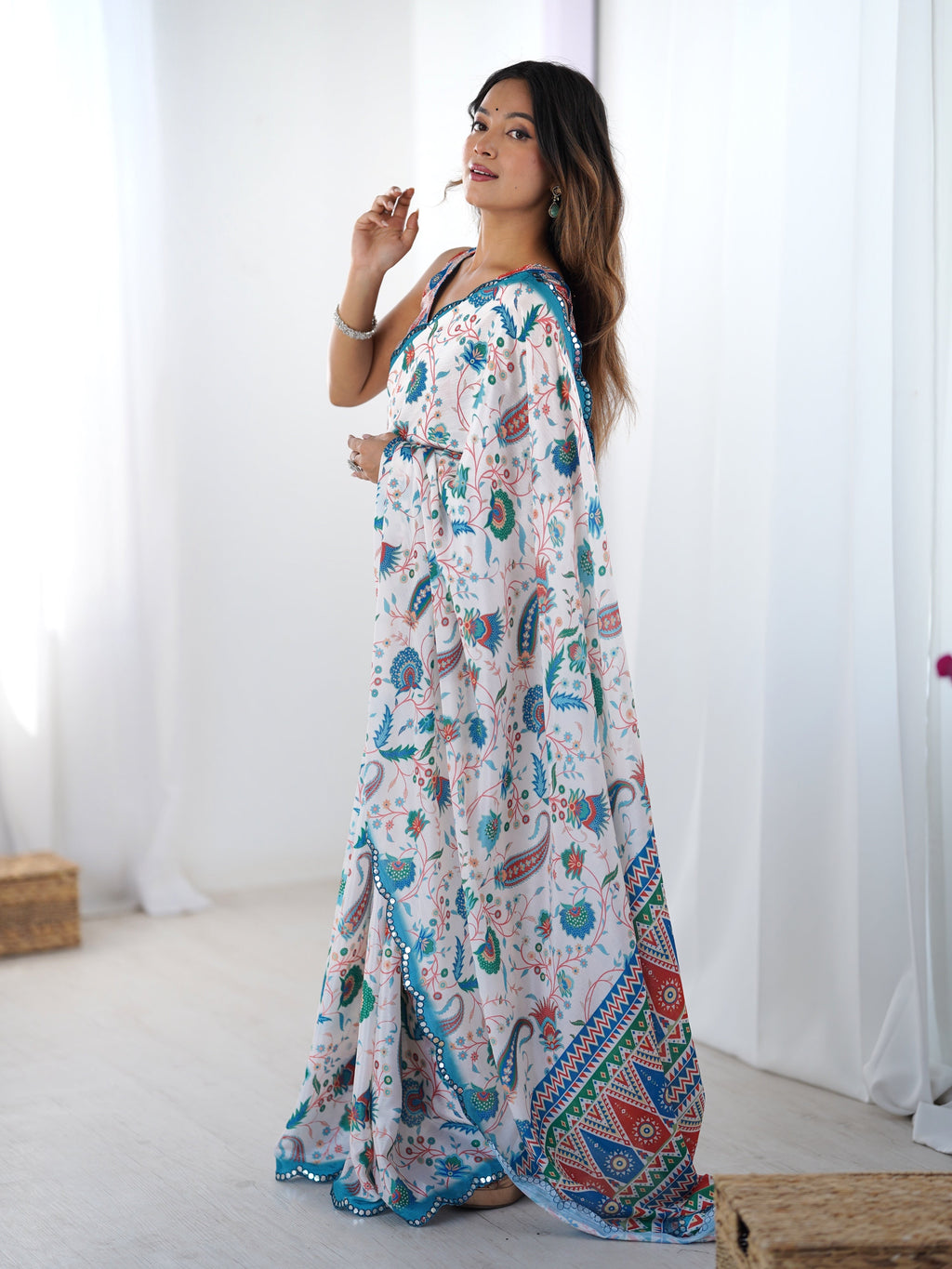 Jyoti Fashion Women's Multicolor Chinon Digital Printed Designer Saree with Blouse | Grocsy