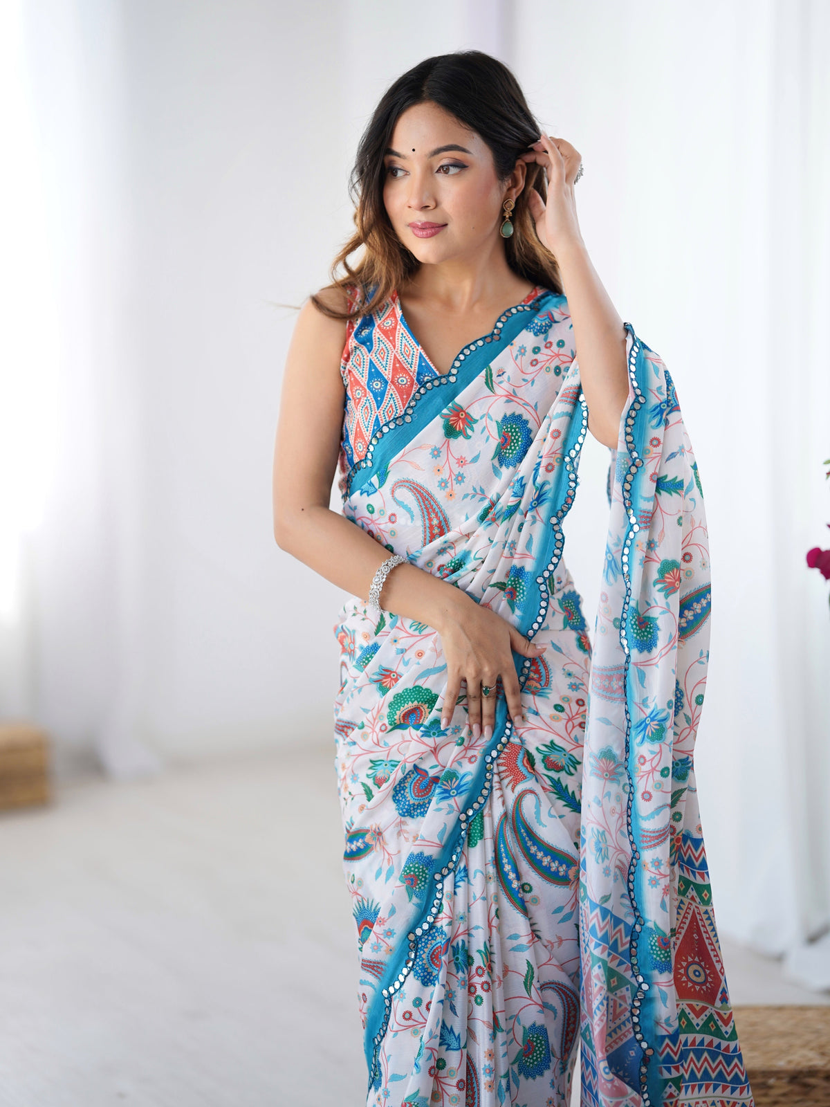 Jyoti Fashion Women's Multicolor Chinon Digital Printed Designer Saree with Blouse | Grocsy