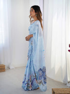 Jyoti Fashion Women's Sky Blue Chinon Digital Printed Designer Saree with Blouse | Grocsy