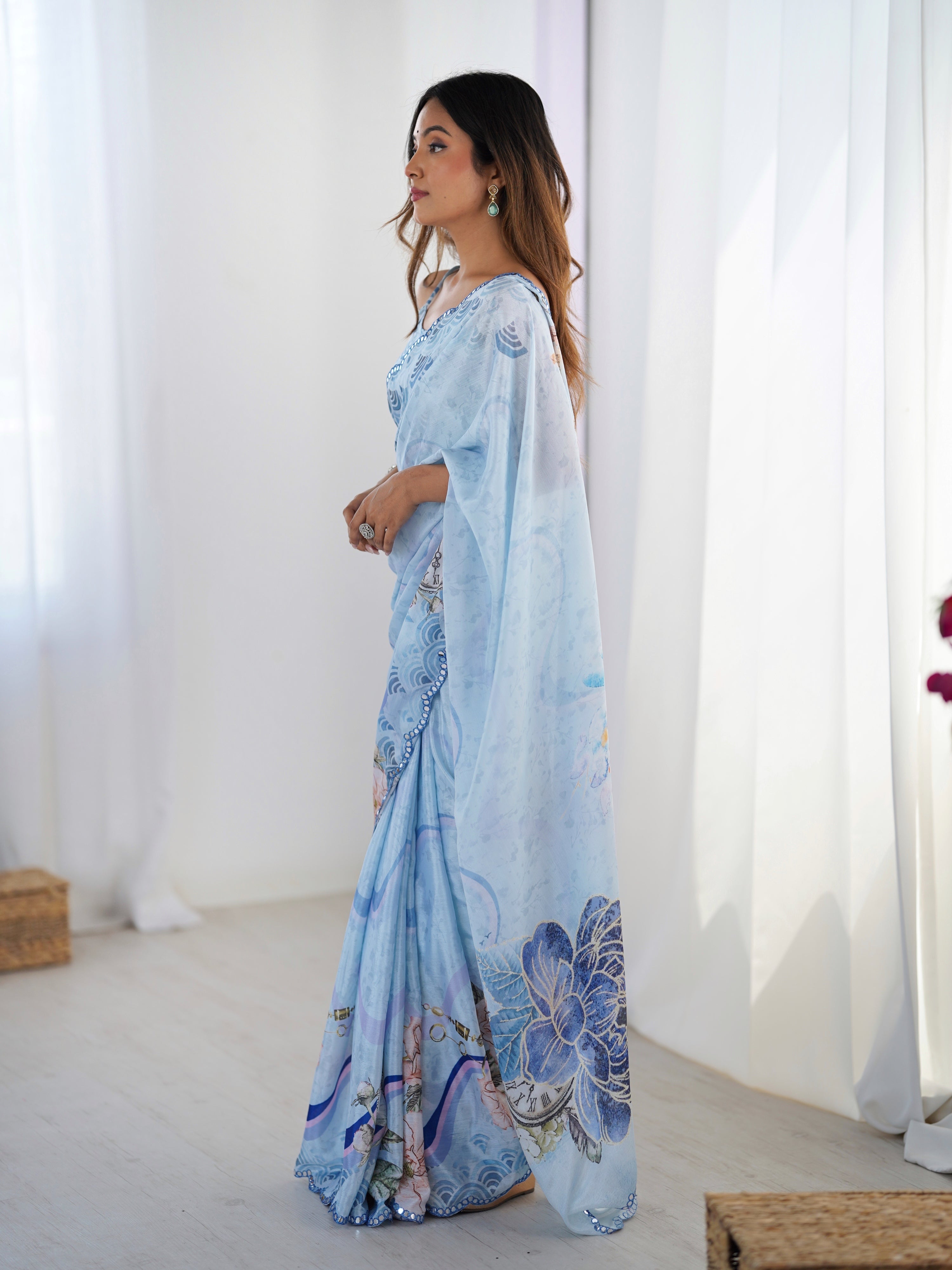 Jyoti Fashion Women's Sky Blue Chinon Digital Printed Designer Saree with Blouse | Grocsy