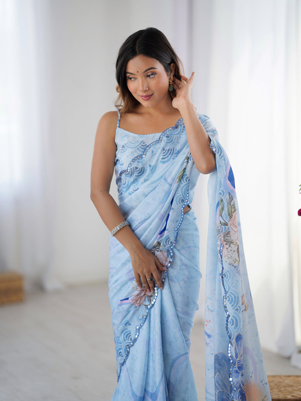 Jyoti Fashion Women's Sky Blue Chinon Digital Printed Designer Saree with Blouse | Grocsy