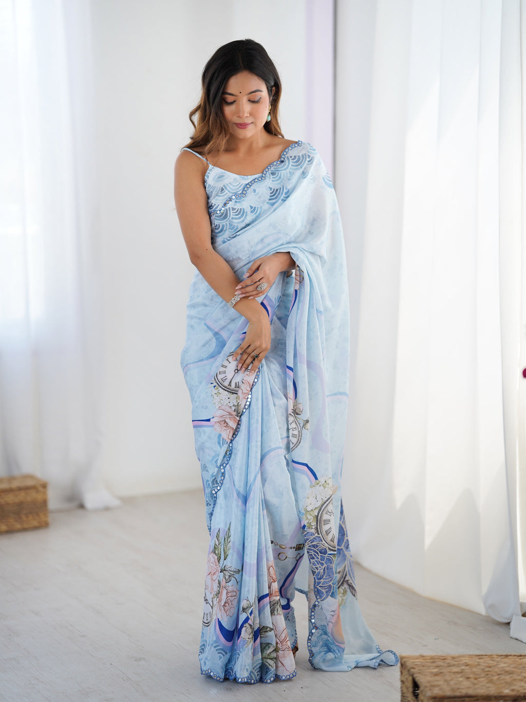 Jyoti Fashion Women's Sky Blue Chinon Digital Printed Designer Saree with Blouse | Grocsy