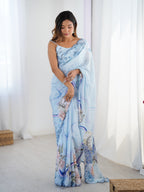 Jyoti Fashion Women's Sky Blue Chinon Digital Printed Designer Saree with Blouse | Grocsy