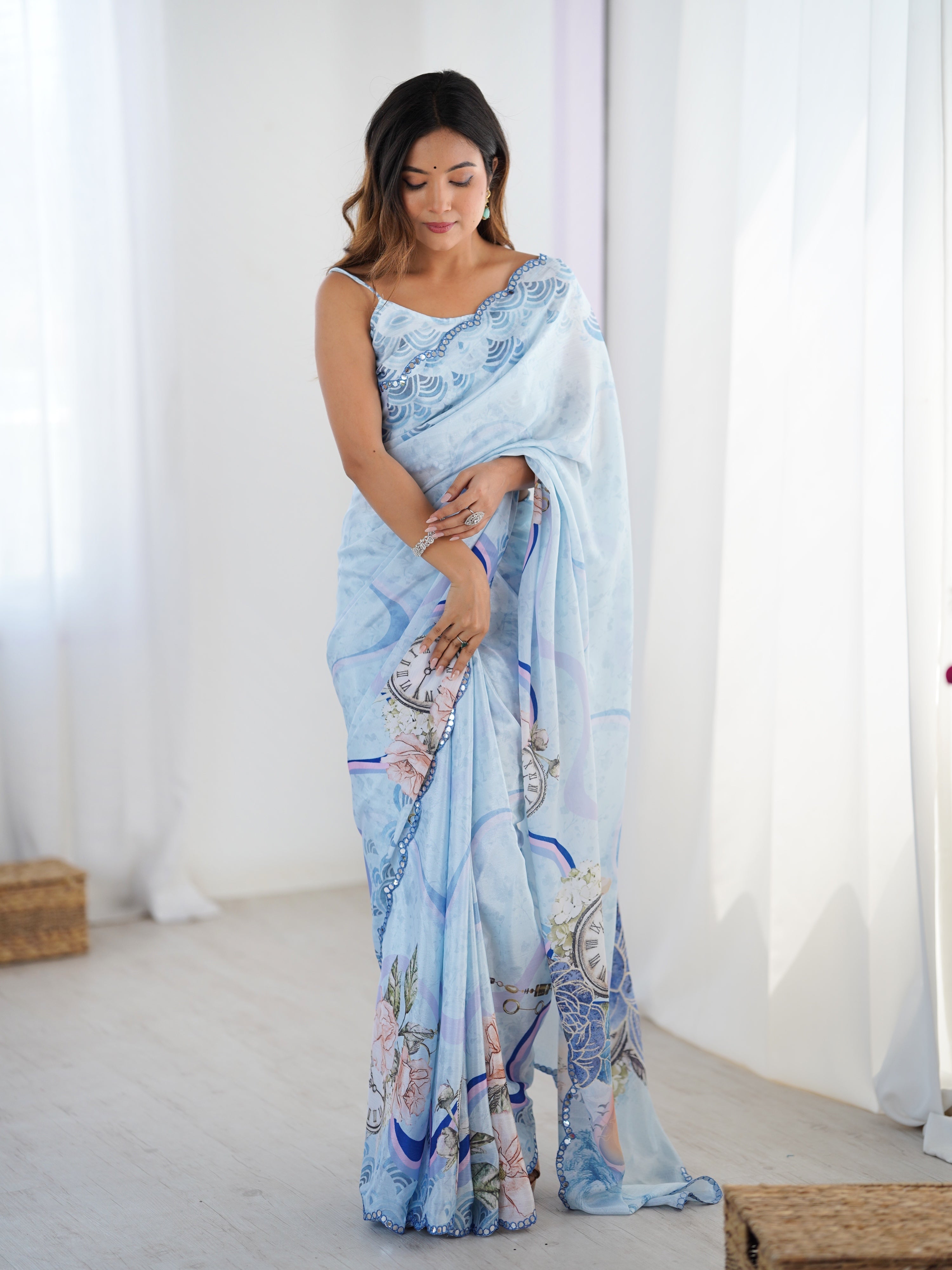 Jyoti Fashion Women's Sky Blue Chinon Digital Printed Designer Saree with Blouse | Grocsy