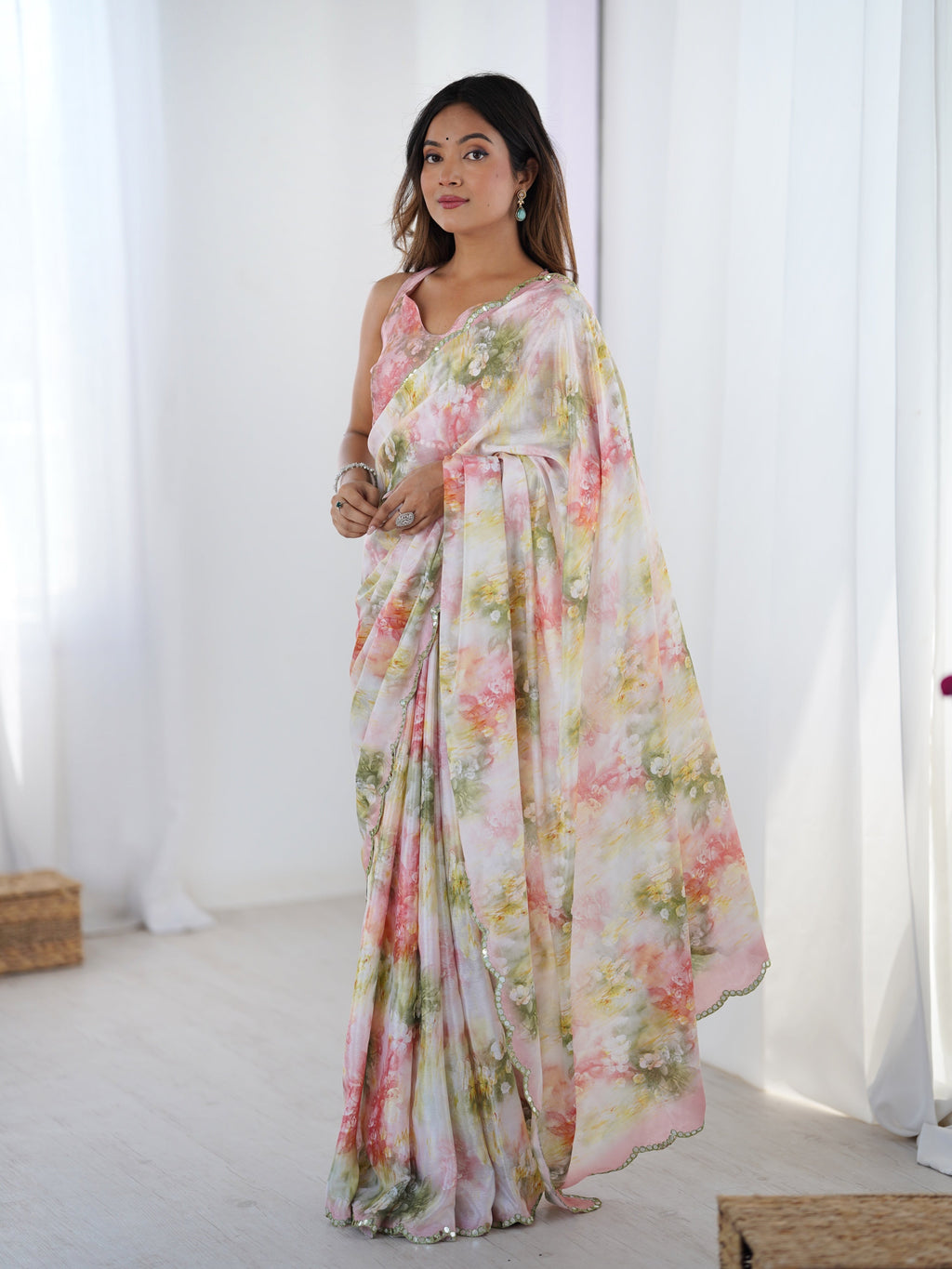 Jyoti Fashion Women's Multicolor Chinon Digital Printed Designer Saree with Blouse | Grocsy