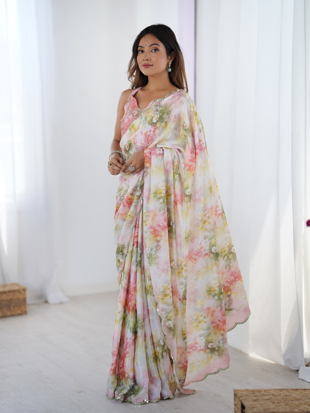 Jyoti Fashion Women's Multicolor Chinon Digital Printed Designer Saree with Blouse | Grocsy