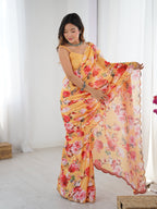 Jyoti Fashion Women's Yellow Chinon Digital Printed Designer Saree with Blouse | Grocsy