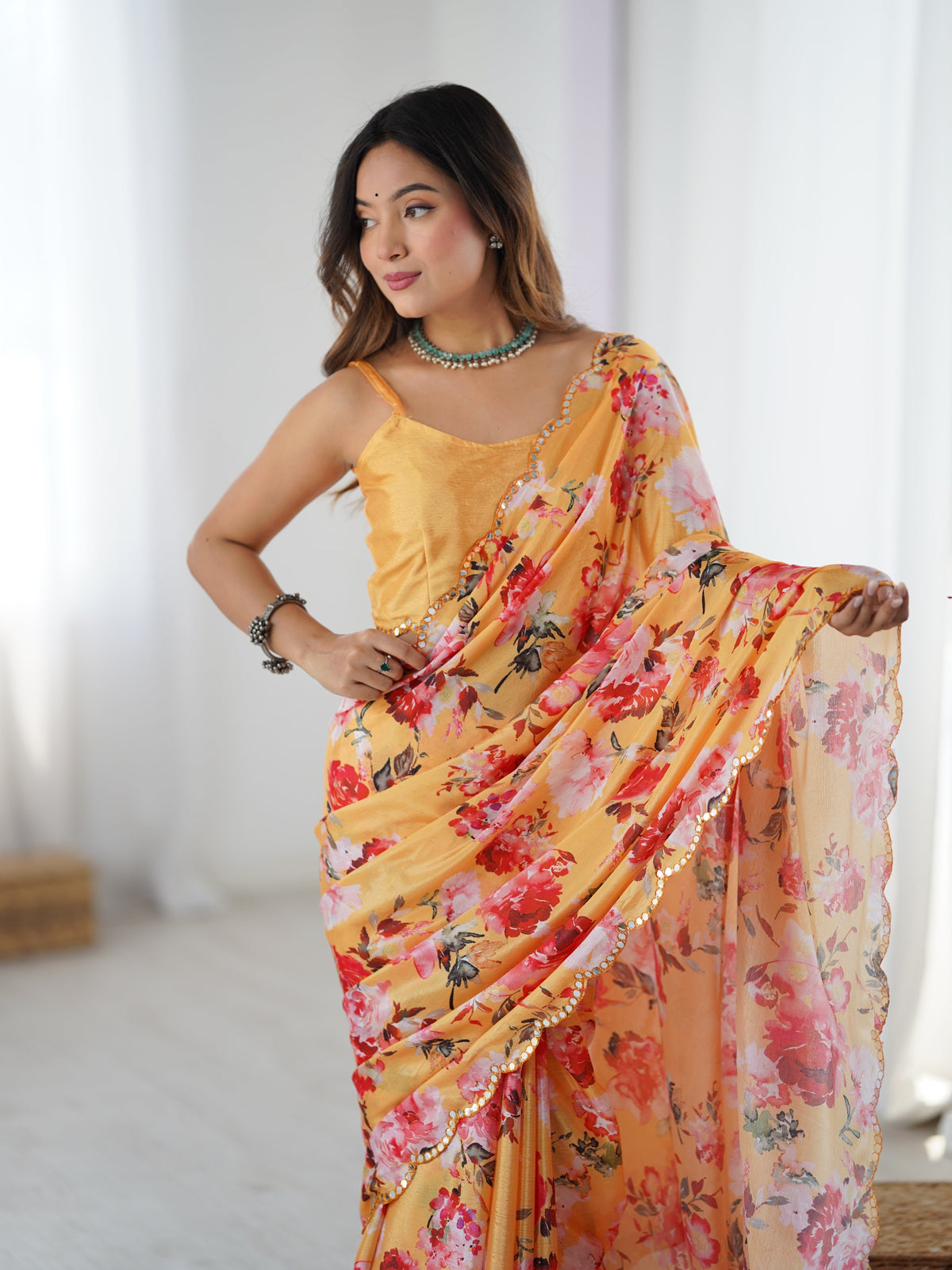 Jyoti Fashion Women's Yellow Chinon Digital Printed Designer Saree with Blouse | Grocsy