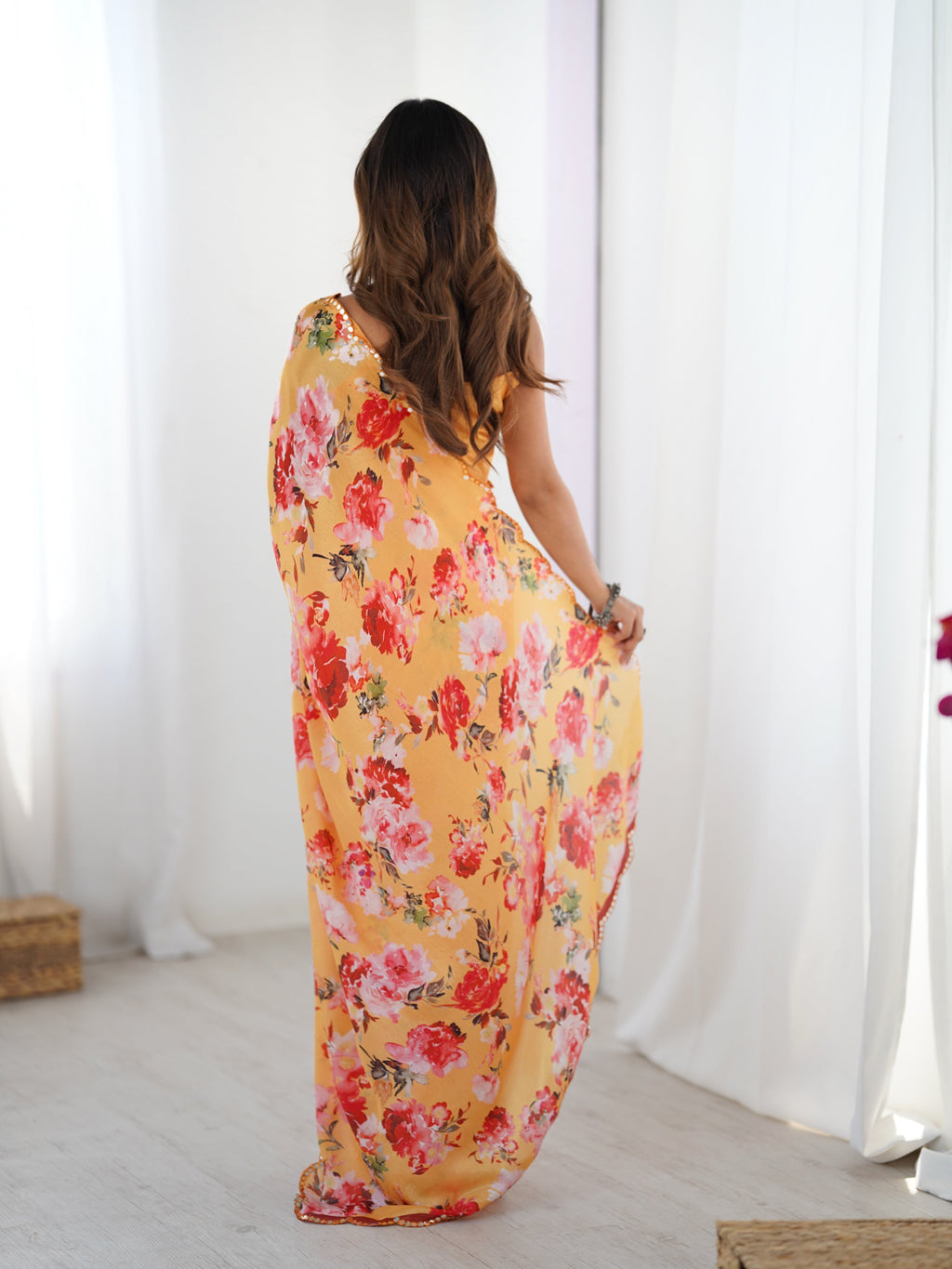Jyoti Fashion Women's Yellow Chinon Digital Printed Designer Saree with Blouse | Grocsy