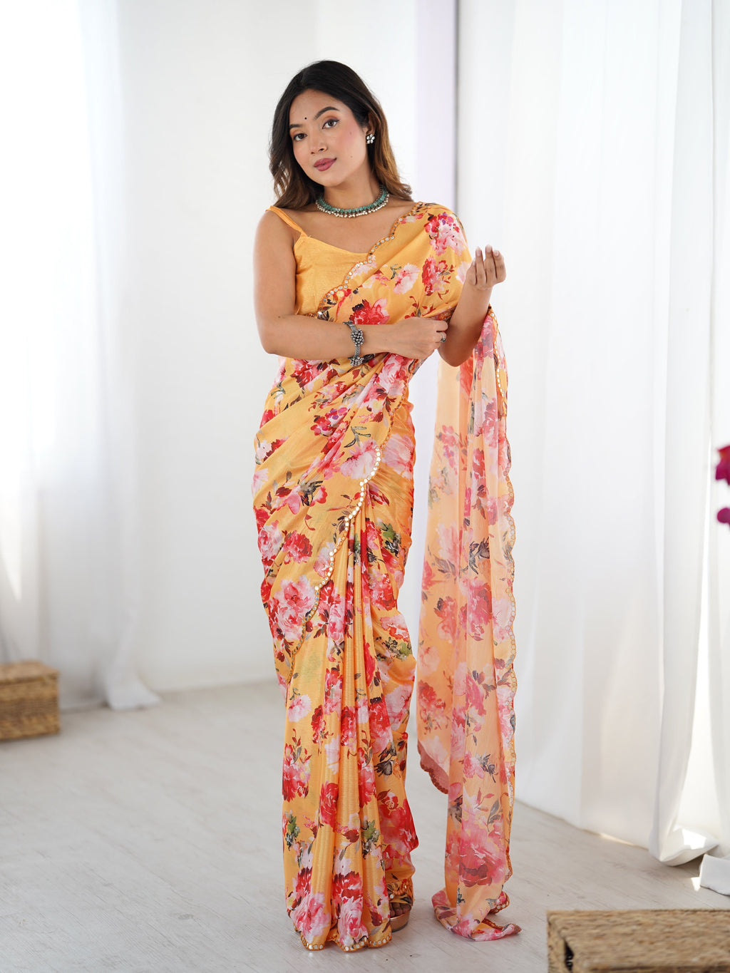 Jyoti Fashion Women's Yellow Chinon Digital Printed Designer Saree with Blouse | Grocsy