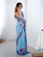 Jyoti Fashion Women's Sky Blue Chinon Digital Printed Designer Saree with Blouse | Grocsy