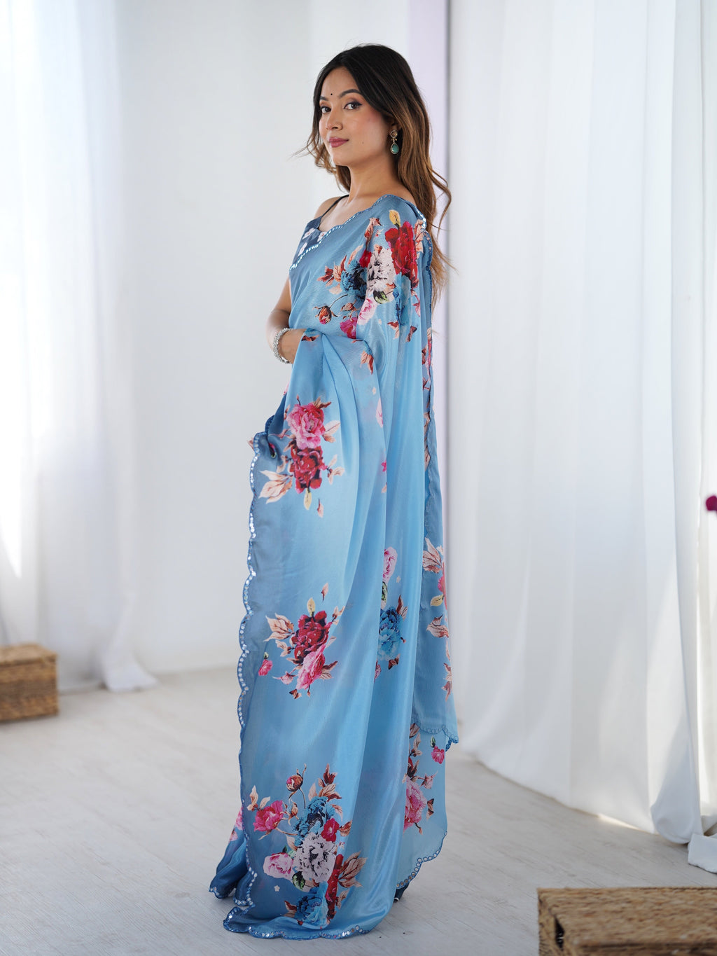 Jyoti Fashion Women's Sky Blue Chinon Digital Printed Designer Saree with Blouse | Grocsy