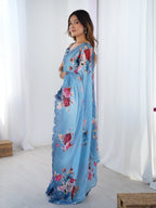 Jyoti Fashion Women's Sky Blue Chinon Digital Printed Designer Saree with Blouse | Grocsy
