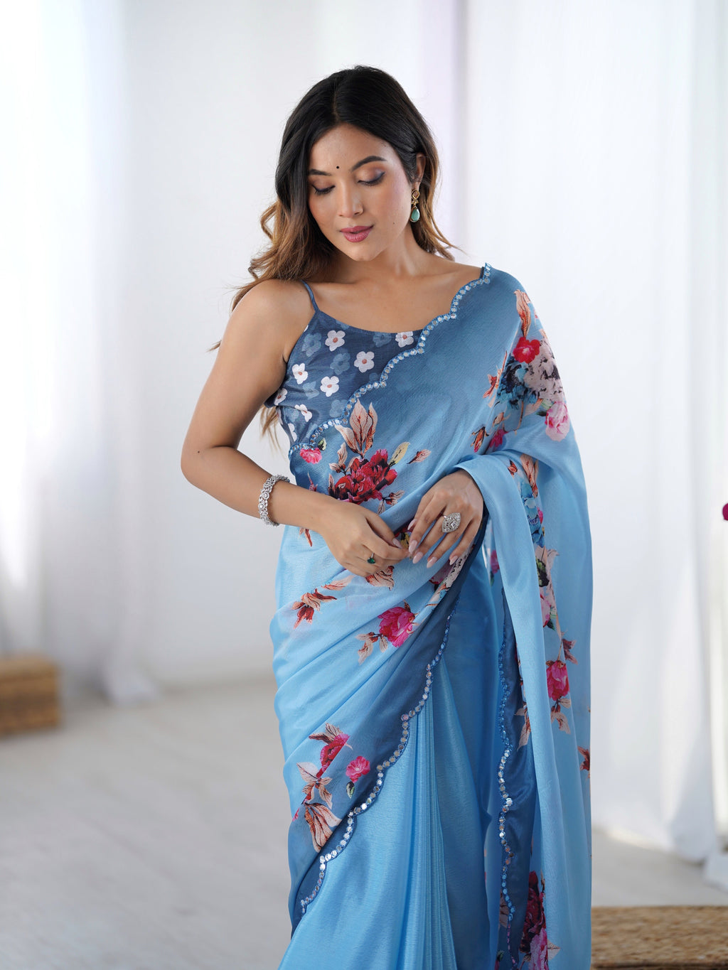 Jyoti Fashion Women's Sky Blue Chinon Digital Printed Designer Saree with Blouse | Grocsy