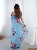 Jyoti Fashion Women's Sky Blue Chinon Digital Printed Designer Saree with Blouse | Grocsy