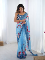 Jyoti Fashion Women's Sky Blue Chinon Digital Printed Designer Saree with Blouse | Grocsy