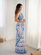Jyoti Fashion Women's Blue Chinon Digital Printed Designer Saree with Blouse | Grocsy