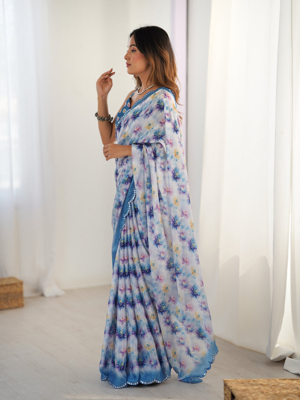Jyoti Fashion Women's Blue Chinon Digital Printed Designer Saree with Blouse | Grocsy