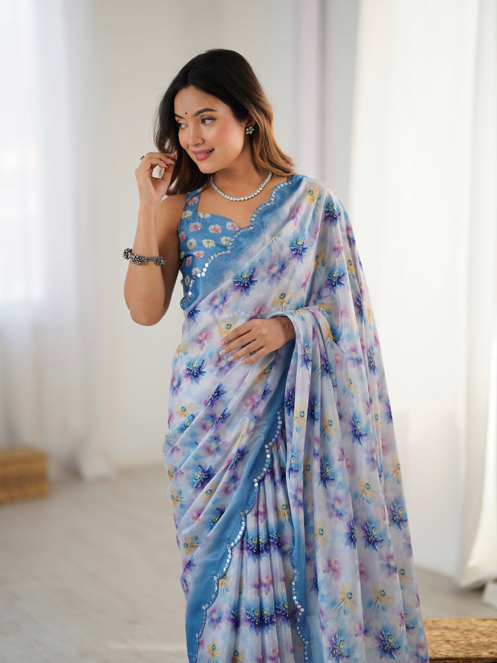 Jyoti Fashion Women's Blue Chinon Digital Printed Designer Saree with Blouse | Grocsy