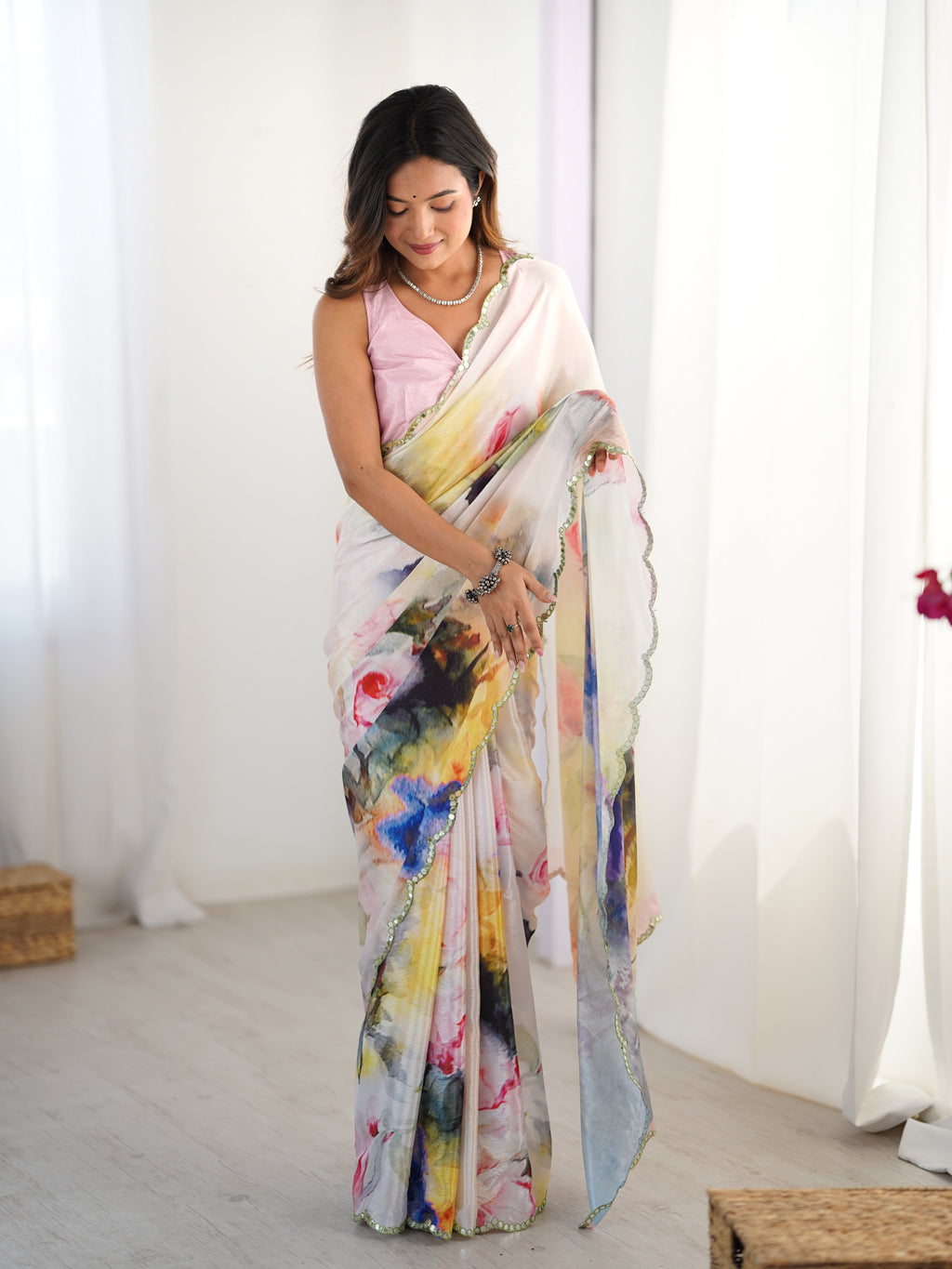 Jyoti Fashion Women's Multicolor Chinon Digital Printed Designer Saree with Blouse | Grocsy