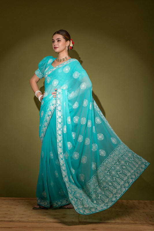 Jyoti Fashion Women's Turquoise Lakhnavi Thread work Georgette Saree with Blouse | Grocsy