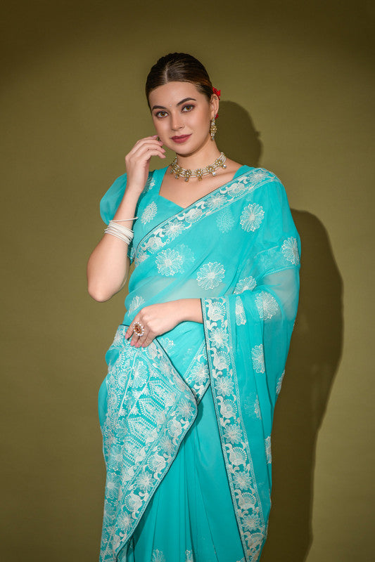 Jyoti Fashion Women's Turquoise Lakhnavi Thread work Georgette Saree with Blouse | Grocsy