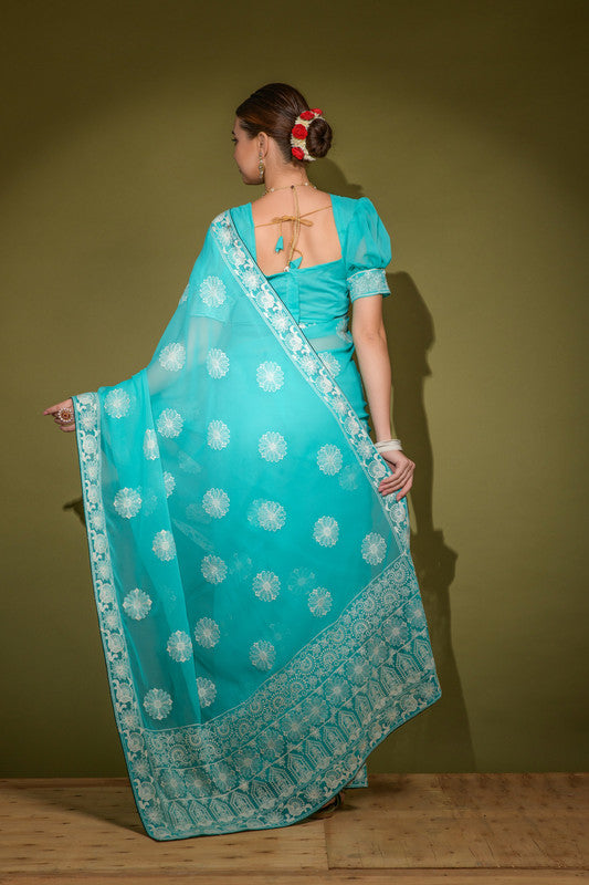 Jyoti Fashion Women's Turquoise Lakhnavi Thread work Georgette Saree with Blouse | Grocsy