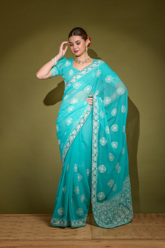Jyoti Fashion Women's Turquoise Lakhnavi Thread work Georgette Saree with Blouse | Grocsy