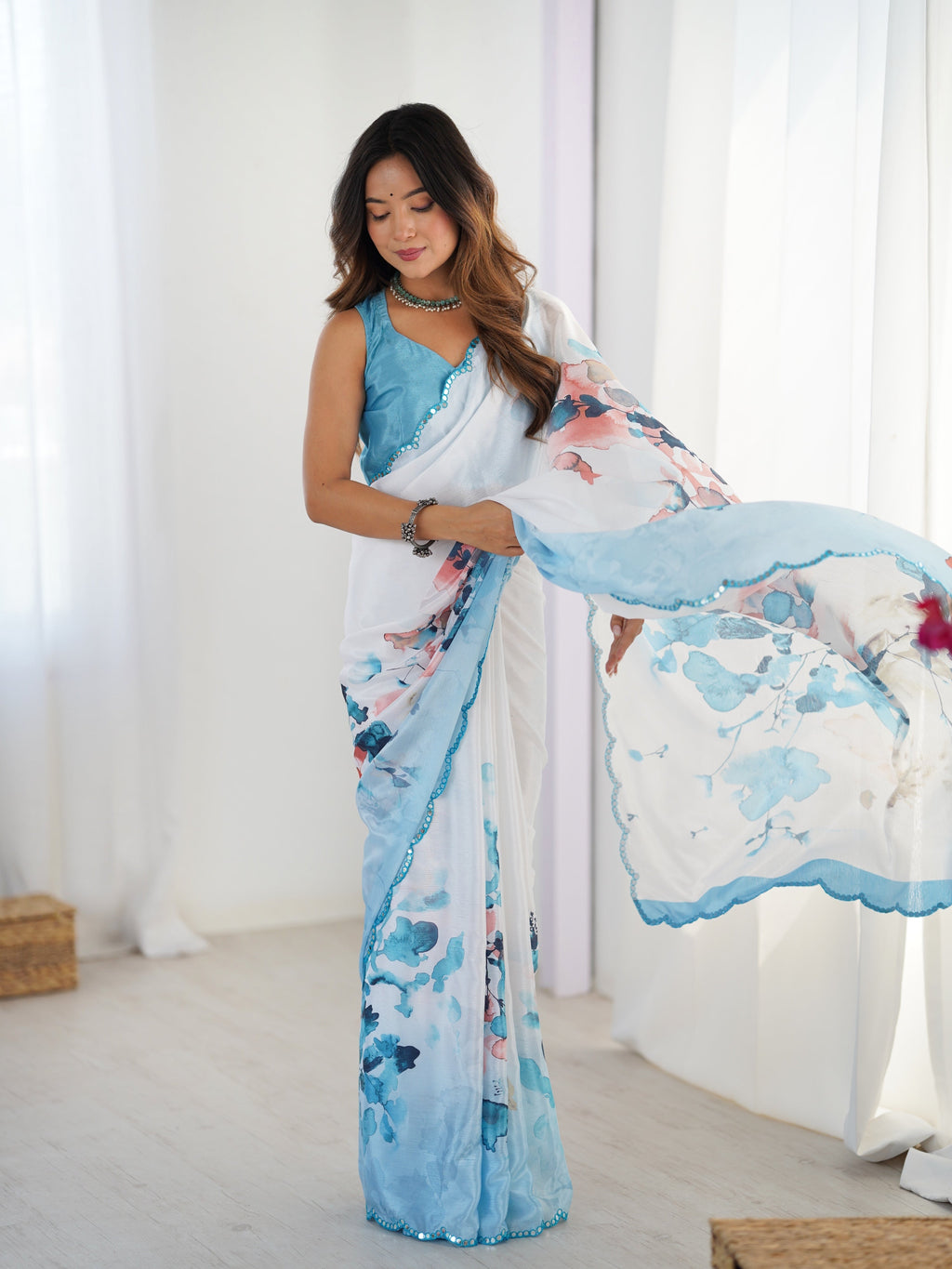 Jyoti Fashion Women's Sky Blue Chinon Digital Printed Designer Saree with Blouse | Grocsy