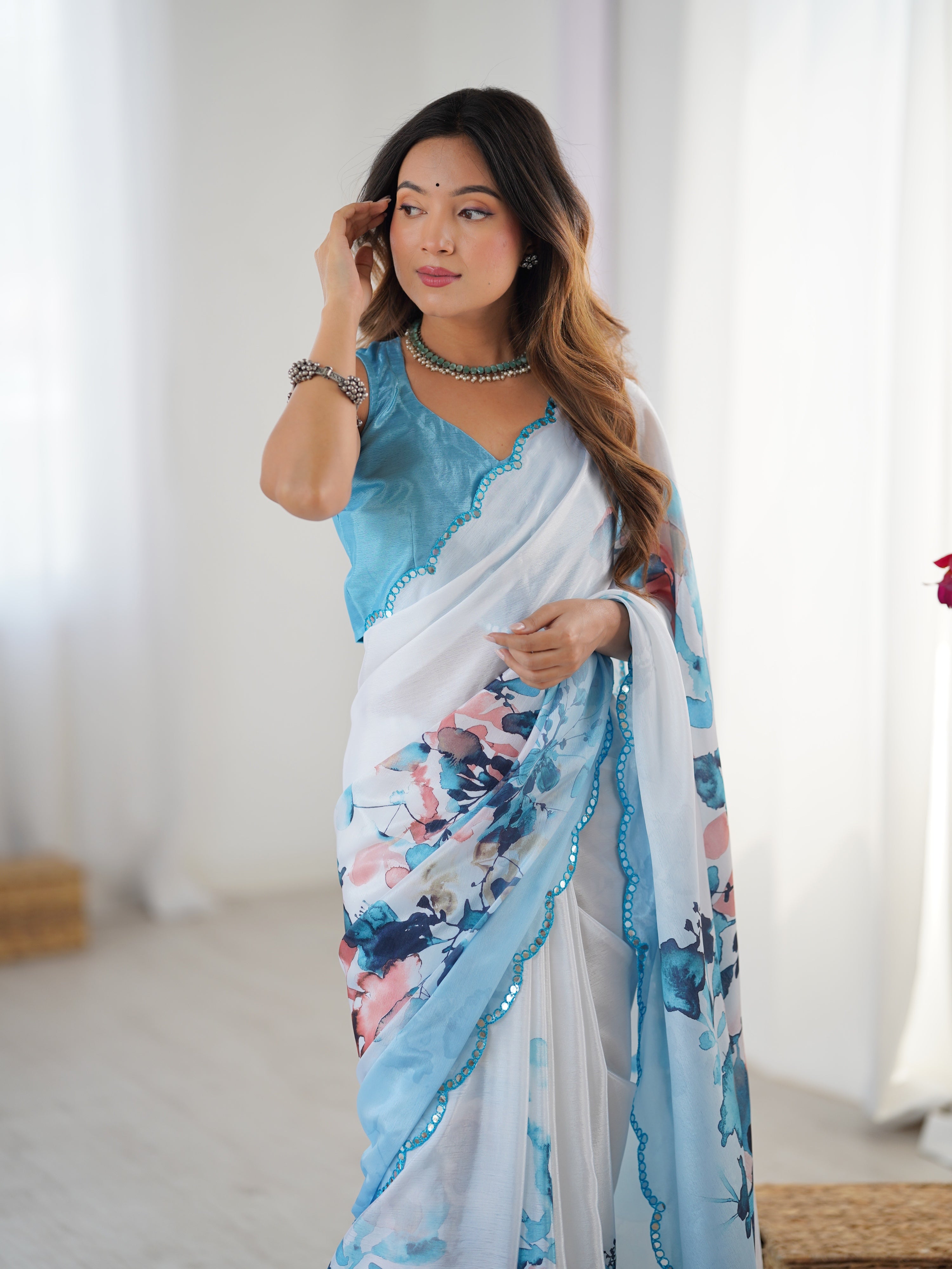 Jyoti Fashion Women's Sky Blue Chinon Digital Printed Designer Saree with Blouse | Grocsy