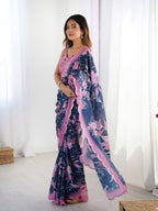 Jyoti Fashion Women's Navy Blue Chinon Digital Printed Designer Saree with Blouse | Grocsy