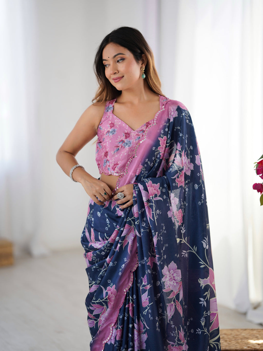 Jyoti Fashion Women's Navy Blue Chinon Digital Printed Designer Saree with Blouse | Grocsy