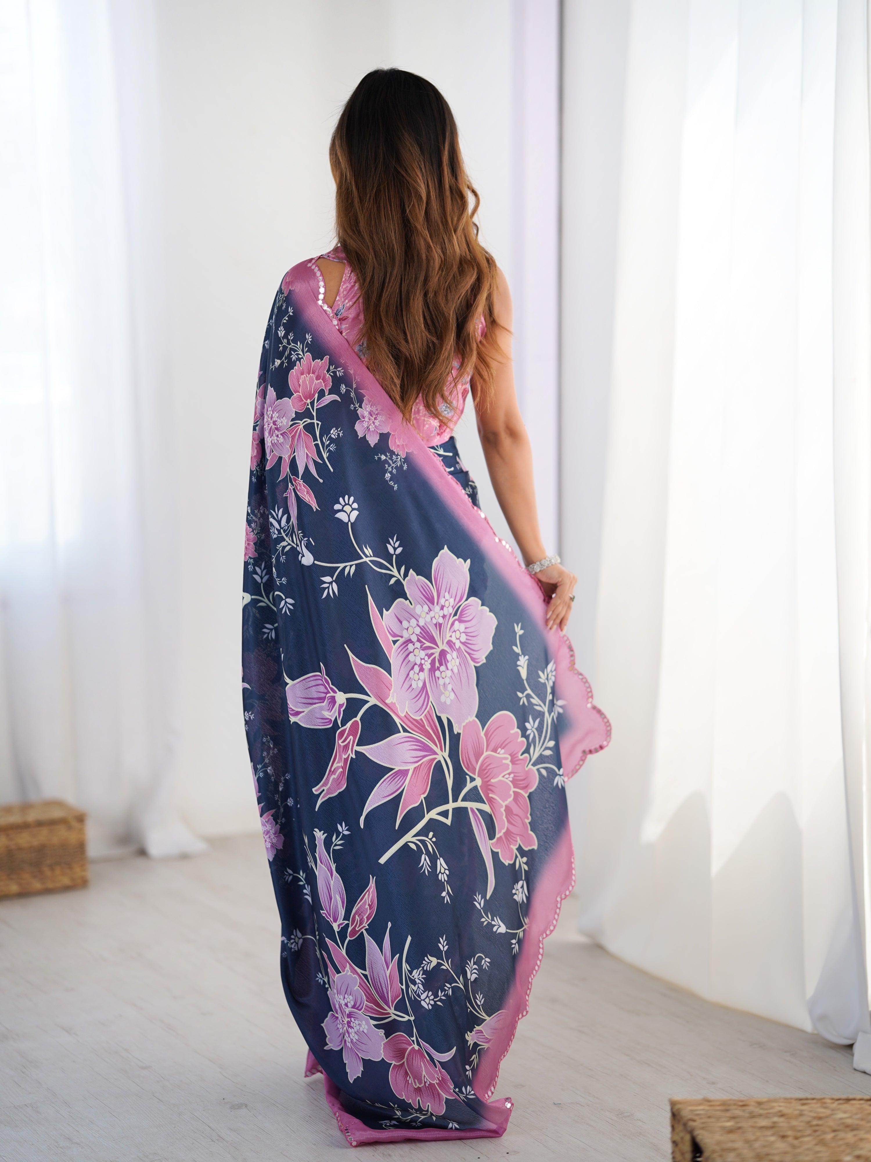 Jyoti Fashion Women's Navy Blue Chinon Digital Printed Designer Saree with Blouse | Grocsy