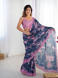 Jyoti Fashion Women's Navy Blue Chinon Digital Printed Designer Saree with Blouse | Grocsy