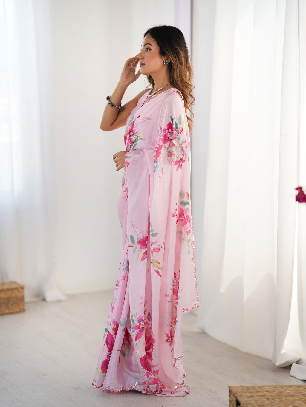 Jyoti Fashion Women's Baby Pink Chinon Digital Printed Designer Saree with Blouse | Grocsy