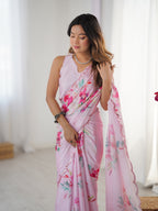 Jyoti Fashion Women's Baby Pink Chinon Digital Printed Designer Saree with Blouse | Grocsy