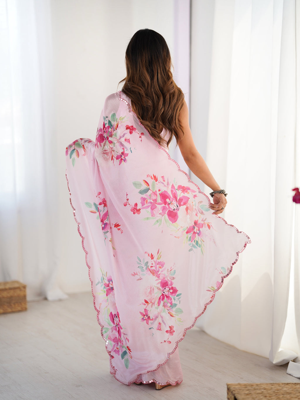 Jyoti Fashion Women's Baby Pink Chinon Digital Printed Designer Saree with Blouse | Grocsy