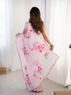 Jyoti Fashion Women's Baby Pink Chinon Digital Printed Designer Saree with Blouse | Grocsy