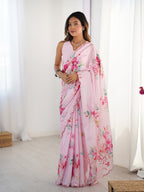 Jyoti Fashion Women's Baby Pink Chinon Digital Printed Designer Saree with Blouse | Grocsy