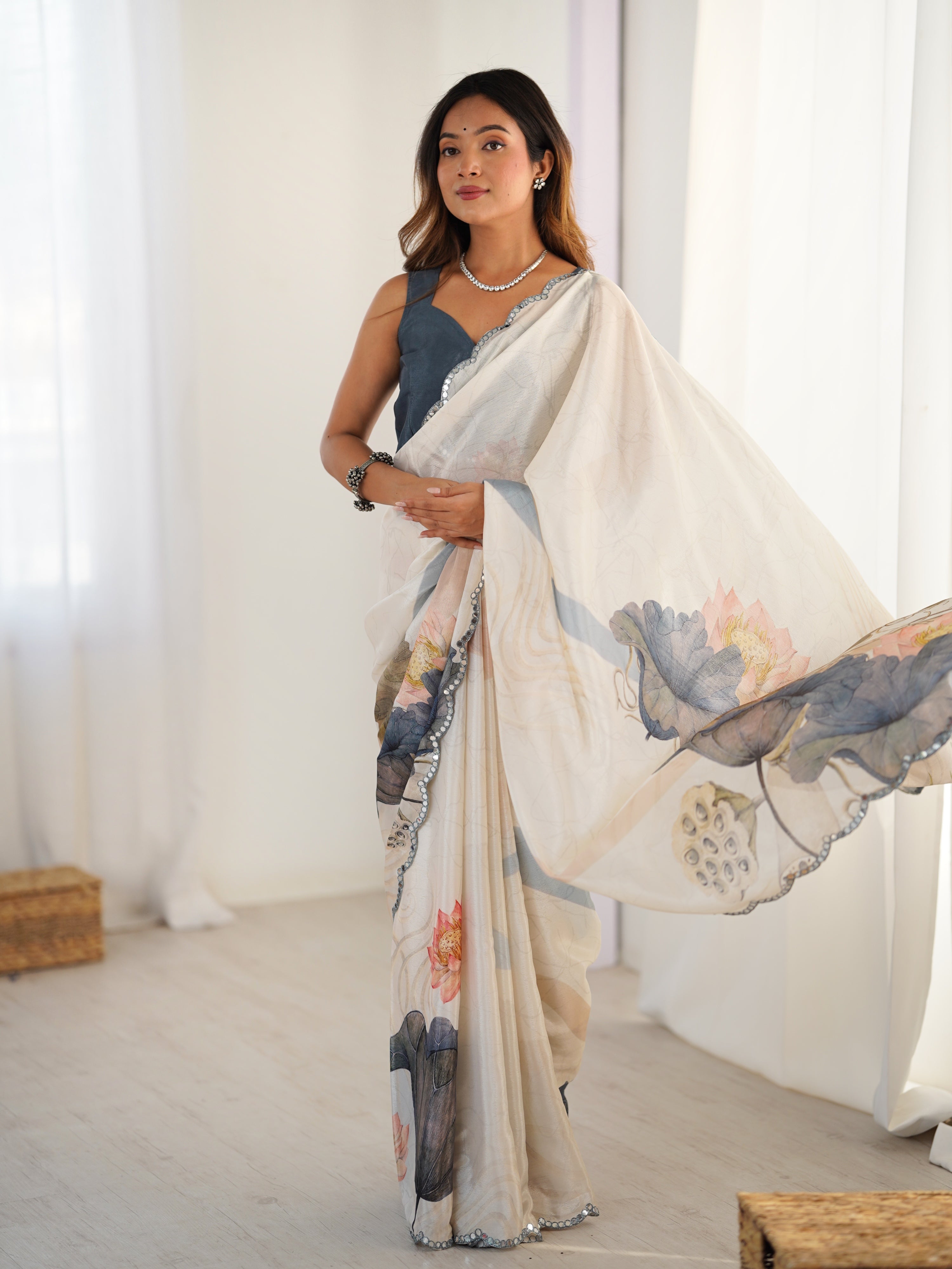 Jyoti Fashion Women's Off White Chinon Digital Printed Designer Saree with Blouse | Grocsy
