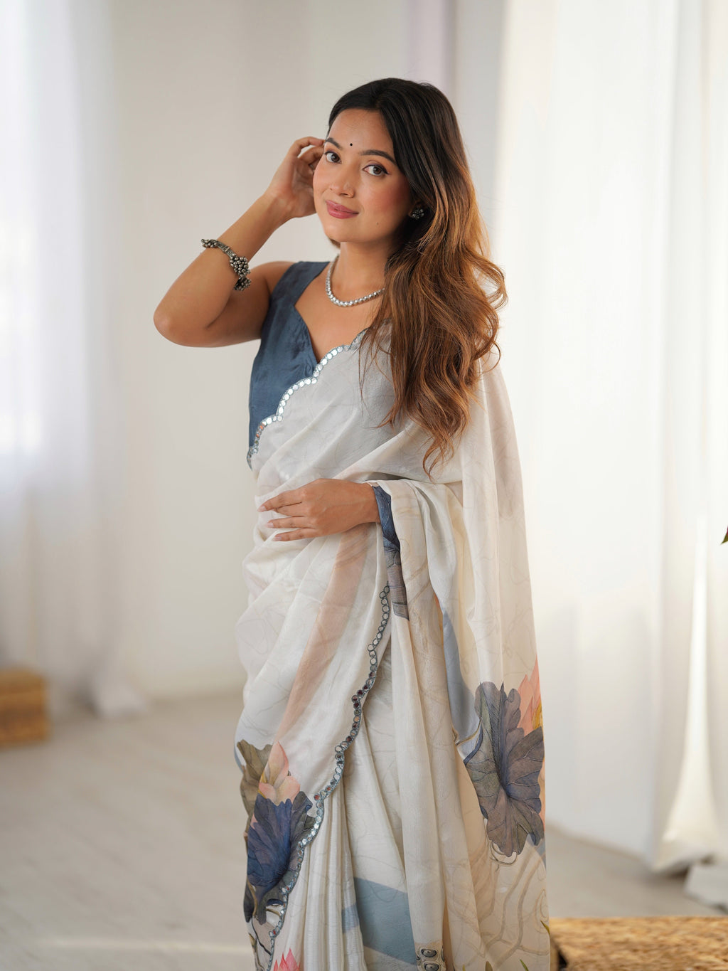 Jyoti Fashion Women's Off White Chinon Digital Printed Designer Saree with Blouse | Grocsy