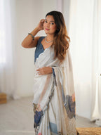Jyoti Fashion Women's Off White Chinon Digital Printed Designer Saree with Blouse | Grocsy