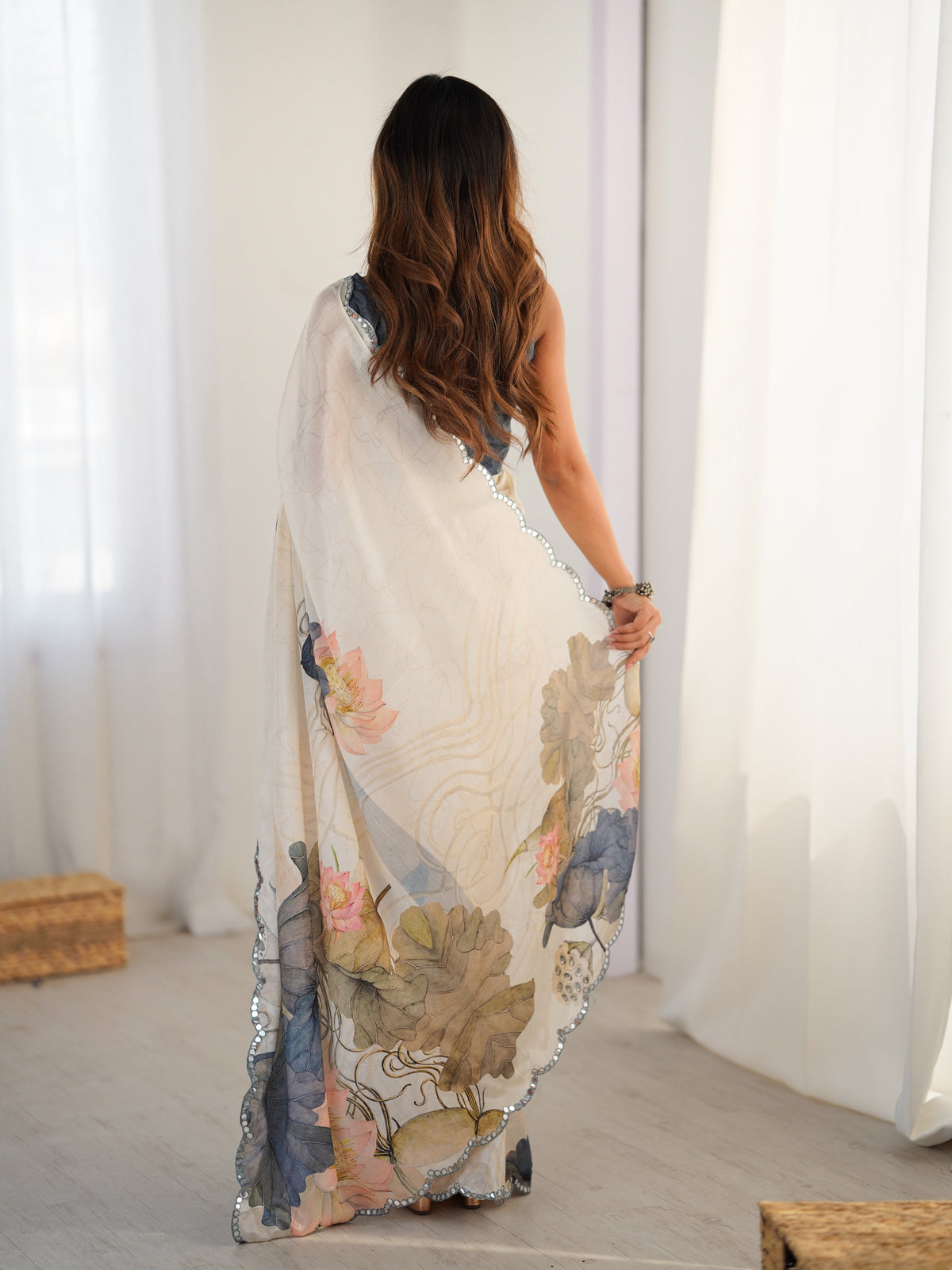 Jyoti Fashion Women's Off White Chinon Digital Printed Designer Saree with Blouse | Grocsy