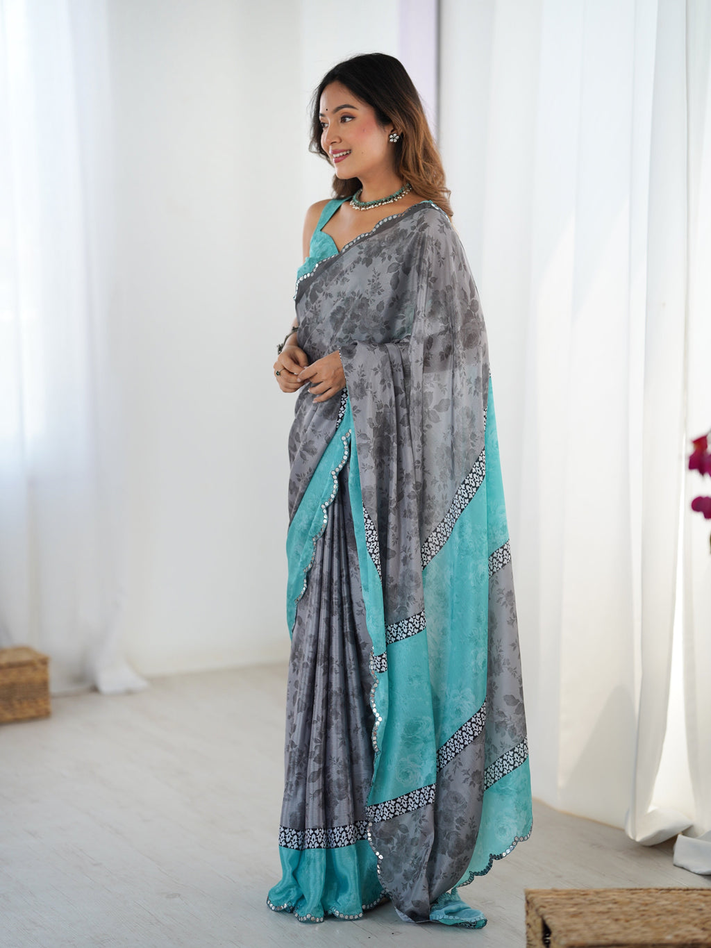 Jyoti Fashion Women's Grey Chinon Digital Printed Designer Saree with Blouse | Grocsy