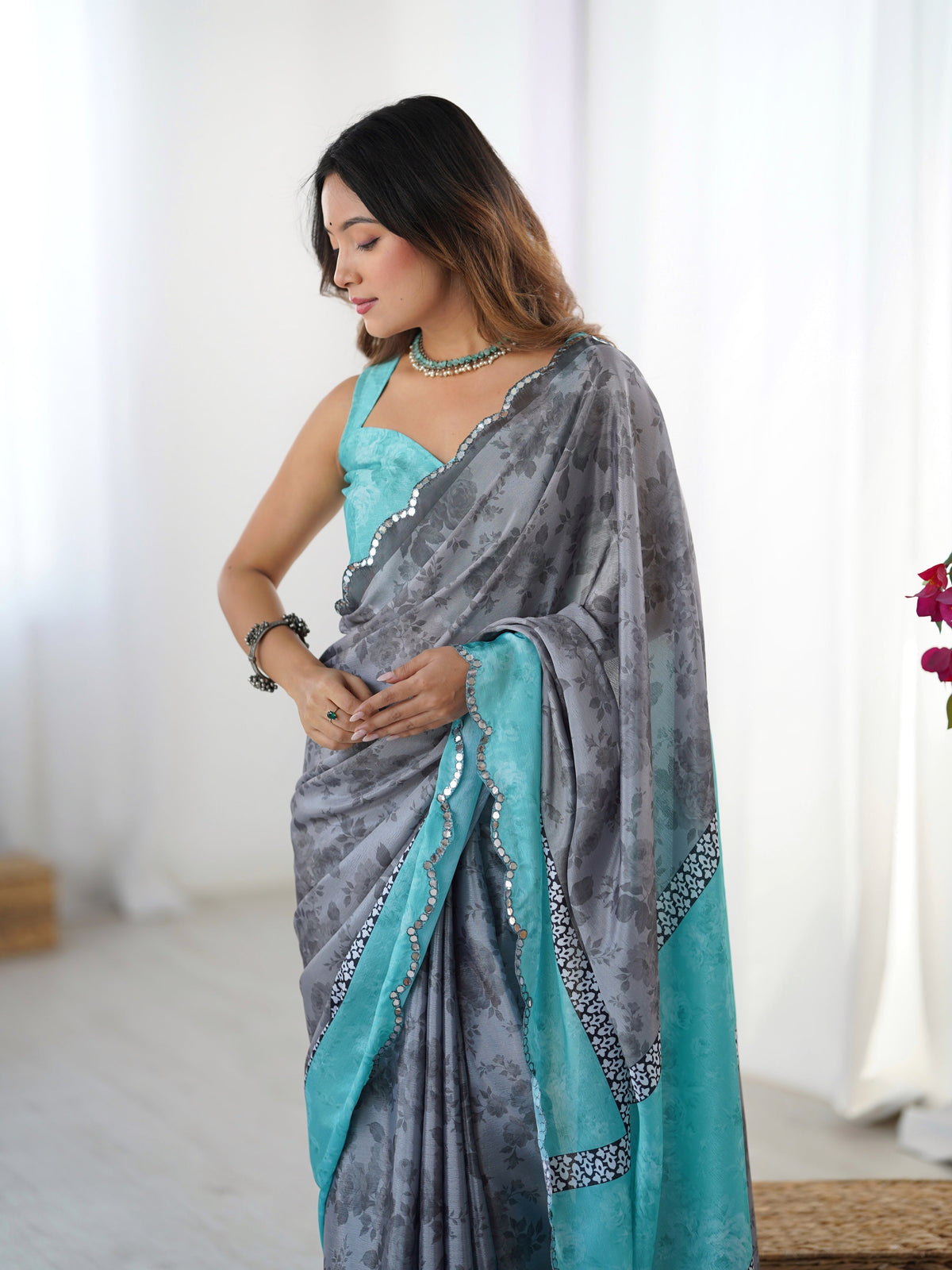 Jyoti Fashion Women's Grey Chinon Digital Printed Designer Saree with Blouse | Grocsy