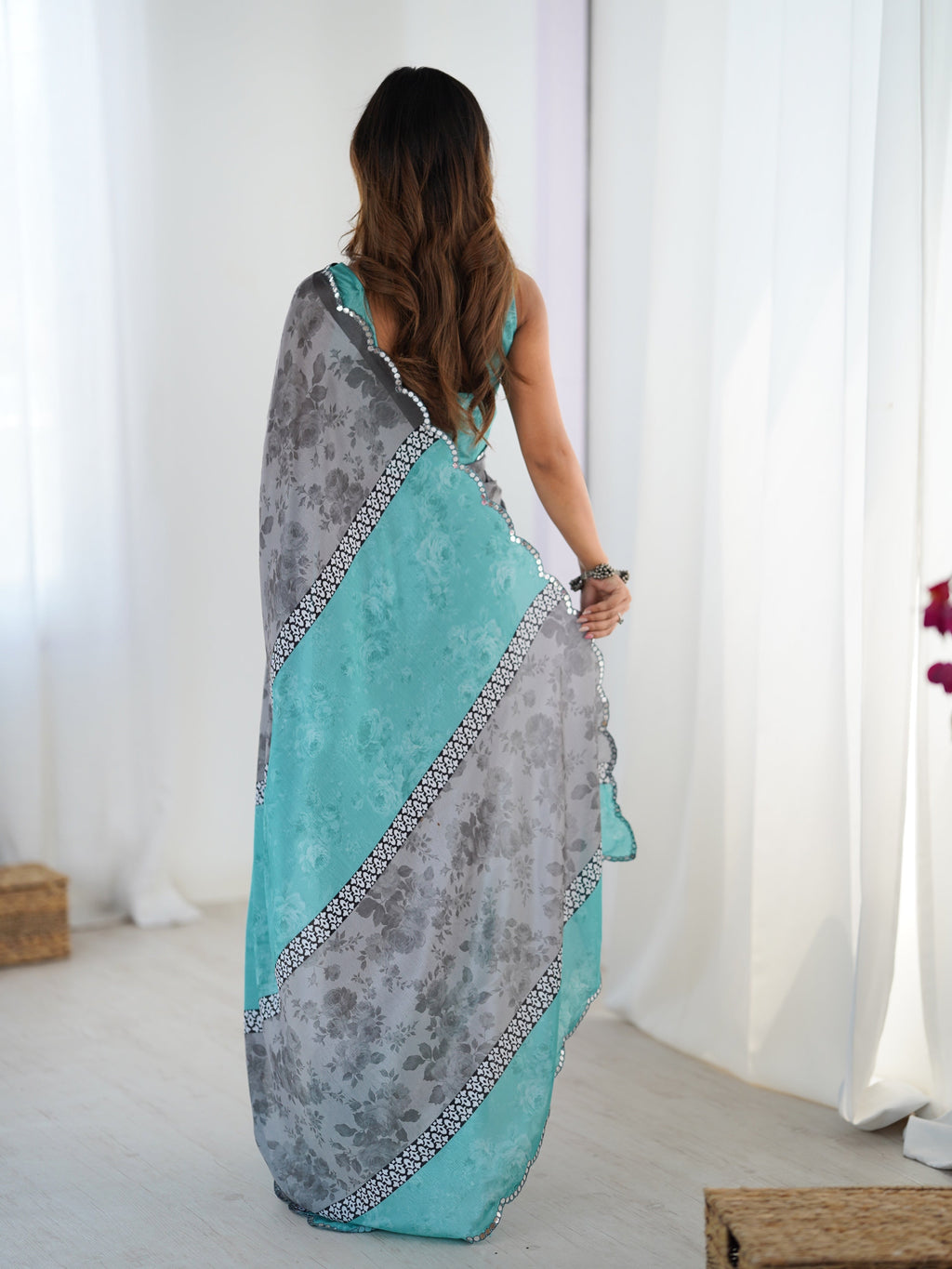 Jyoti Fashion Women's Grey Chinon Digital Printed Designer Saree with Blouse | Grocsy